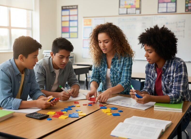Students using math manipulatives